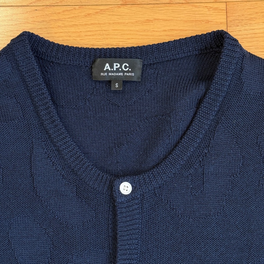 Apc Womens Small Navy Blue 100% Wool Jacquard Abstract Pattern Cardigan Sweater View 2